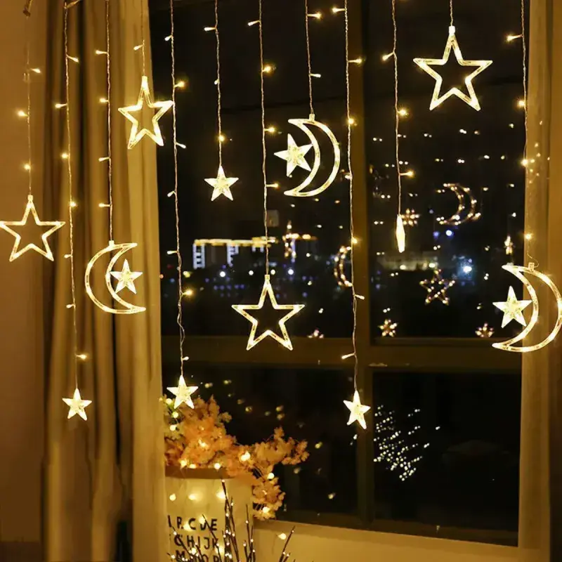 Hilal Yıldız Figürlü Perde Işık – 3m Fişli, 8 Modlu Dekor LED Seti Ay Yıldız Dekoratif Perde LED – 10 Saçaklı 8 Modlu Işıklandırma