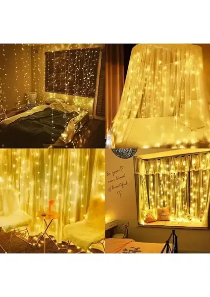 3x3 Perde LED Sarı Işık Sıcak Sarı Dekoratif Aydınlatma Kolay Kurulum Ev ve Etkinlik İçin