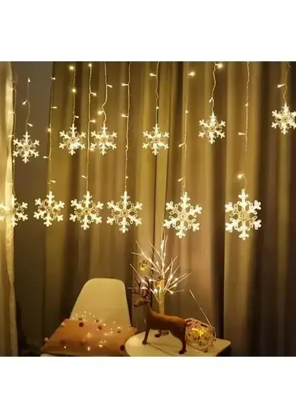 3m 12 Saçaklı Kar Taneli LED Işık 8 Fonksiyonlu Gün Işığı Fişli Uzatmalı Dekoratif Perde Aydınlatma
