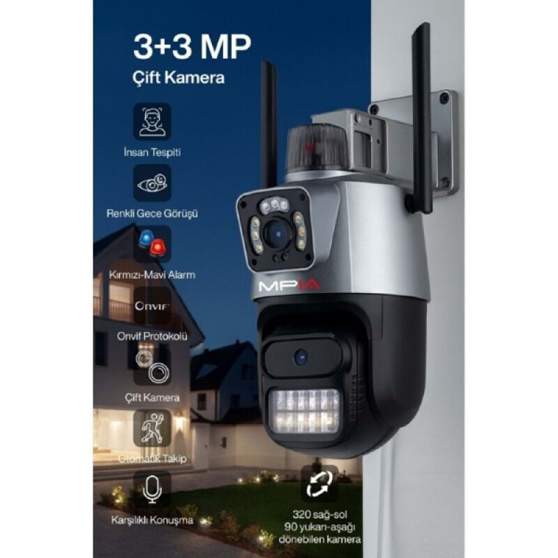 3 MP + 3 MP Çift Lens Wi-Fi Güvenlik Kamerası, 256GB TF Kart Destekli, Gece Görüşlü, Hareket Algılama ve Çift Yönlü Ses Özellikli Akıllı Güvenlik Kamerası