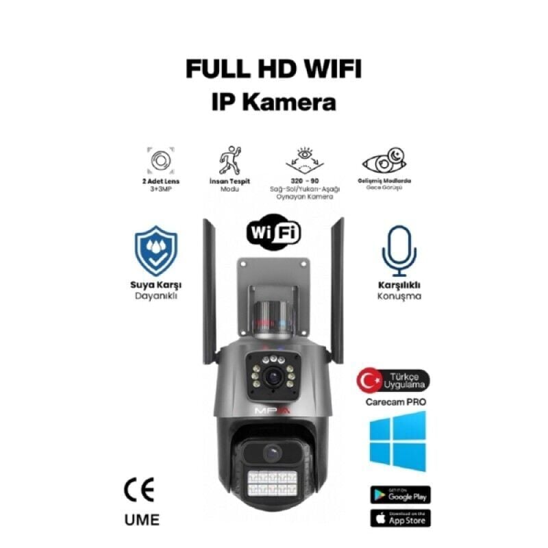 3 MP + 3 MP Çift Lens Wi-Fi Güvenlik Kamerası, 256GB TF Kart Destekli, Gece Görüşlü, Hareket Algılama ve Çift Yönlü Ses Özellikli Akıllı Güvenlik Kamerası