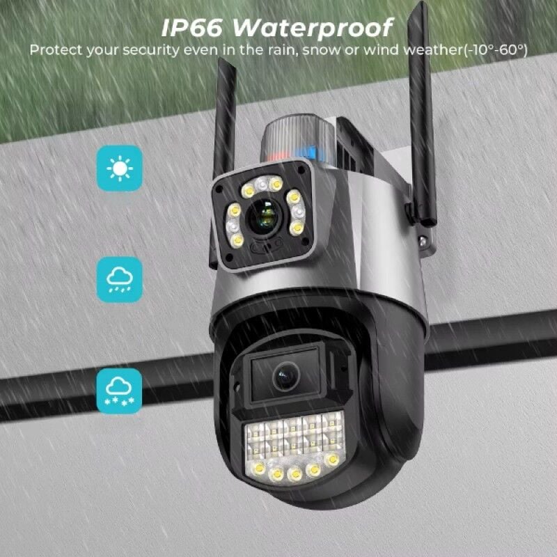 Çakarlı Çift Lensli Dış Mekan Güvenlik Kamerası 8MP Gece Görüşlü PTZ 360° IP66 Su Geçirmez Alarm Özellikli Kamera