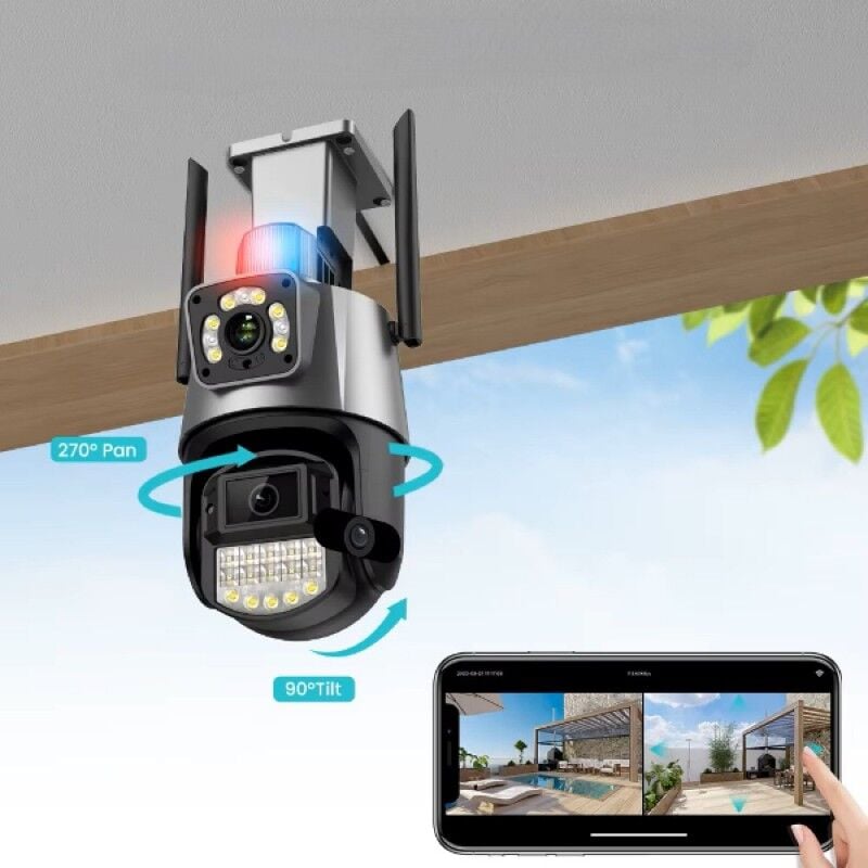 Çakarlı Çift Lensli Dış Mekan Güvenlik Kamerası 8MP Gece Görüşlü PTZ 360° IP66 Su Geçirmez Alarm Özellikli Kamera