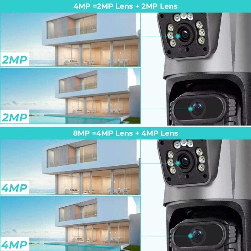 Çakarlı Çift Lensli Dış Mekan Güvenlik Kamerası 8MP Gece Görüşlü PTZ 360° IP66 Su Geçirmez Alarm Özellikli Kamera