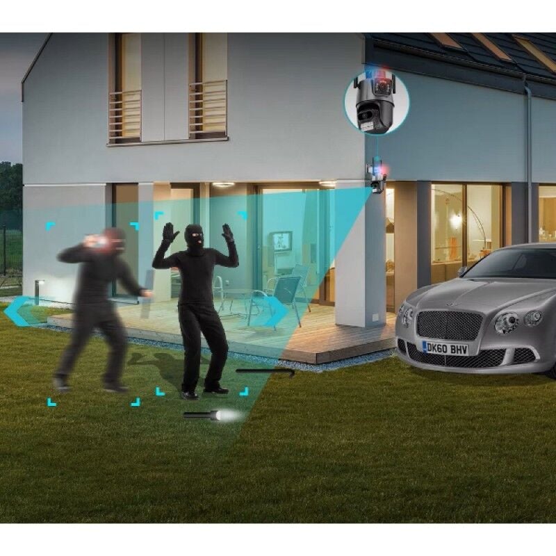 Çakarlı Çift Lensli Dış Mekan Güvenlik Kamerası 8MP Gece Görüşlü PTZ 360° IP66 Su Geçirmez Alarm Özellikli Kamera