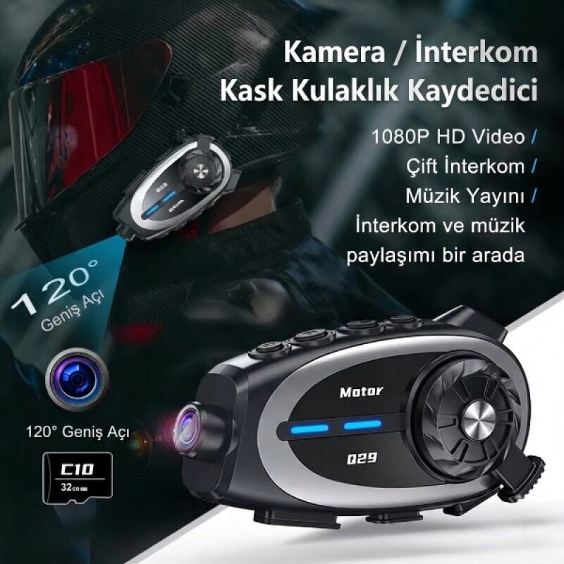 Motosiklet Kask Kamerası Interkom Özellikli HD 120° Geniş Açı 500m Mesafe Bluetooth Kask Kamera Q29