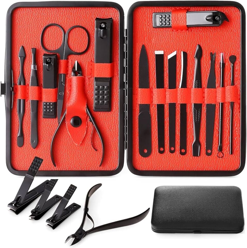 12 Parça Manikür Pedikür Seti Paslanmaz Çelik Tırnak El ve Ayak Bakım Seti Taşınabilir Suni Deri Kılıflı