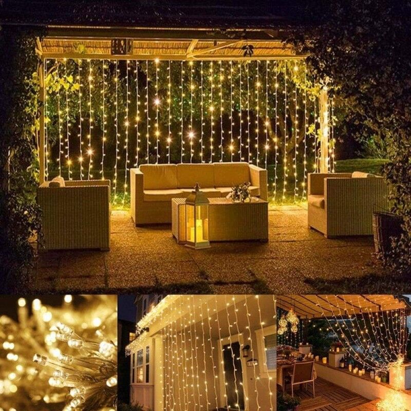 3x2 Perde LED Sarı Işık Plastik Kancalı Dekoratif Perde Aydınlatma Balkon Bahçe Pencere İç Mekan Süsleme LED Işık