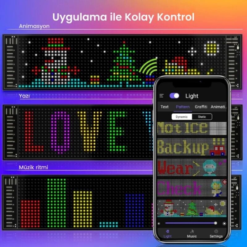 Kişiselleştirilebilir LED Araç Ekranı RGB Renkli Yazı Animasyonlu USB Kontrollü Esnek Suya Dayanıklı LED Panel