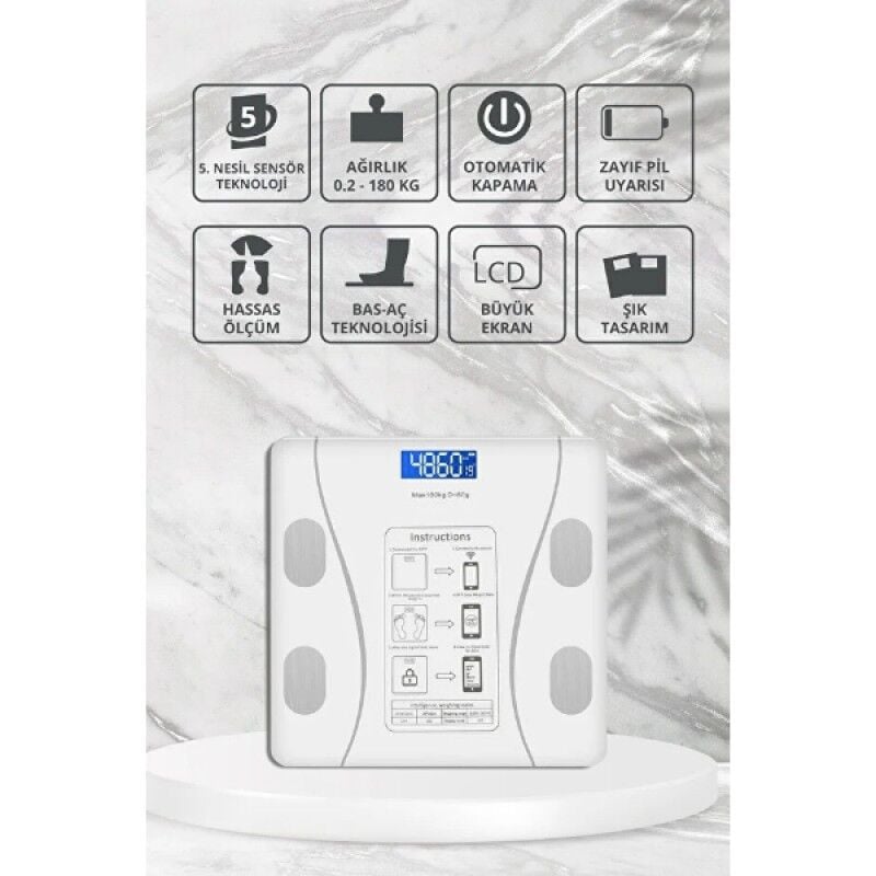 Bluetooth Özellikli Akıllı Tartı Beyaz Vücut Analiz Baskülü Yağ Kas BMI Ölçer Dijital Tartı 180 Kg Kapasiteli