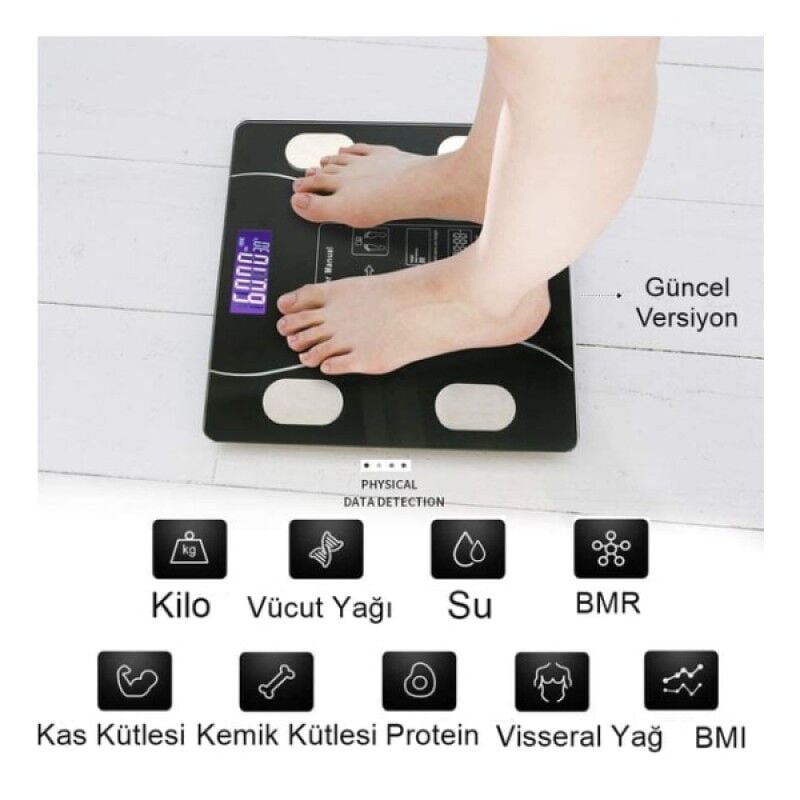 Bluetooth Özellikli Akıllı Tartı Vücut Analiz Baskülü Yağ Kas BMI Ölçer Dijital Tartı 180 Kg Kapasiteli