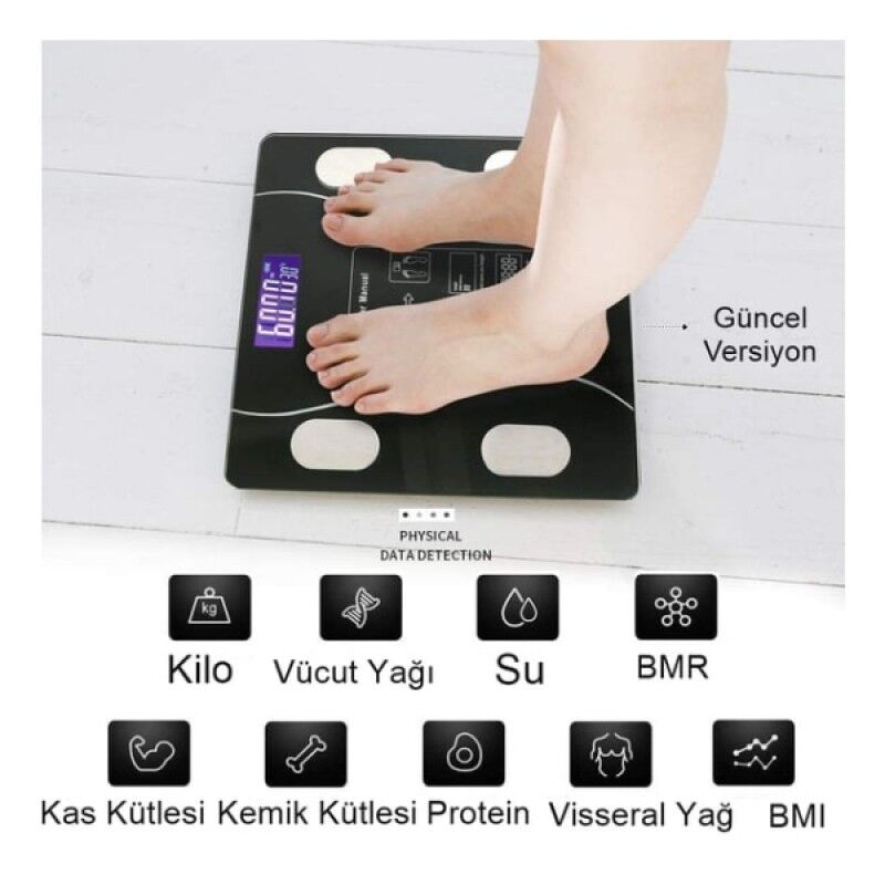 Bluetooth Özellikli Akıllı Tartı Vücut Analiz Baskülü Yağ Kas BMI Ölçer Dijital Tartı 180 Kg Kapasiteli
