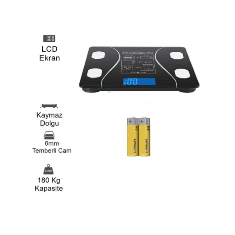 Bluetooth Özellikli Akıllı Tartı Vücut Analiz Baskülü Yağ Kas BMI Ölçer Dijital Tartı 180 Kg Kapasiteli