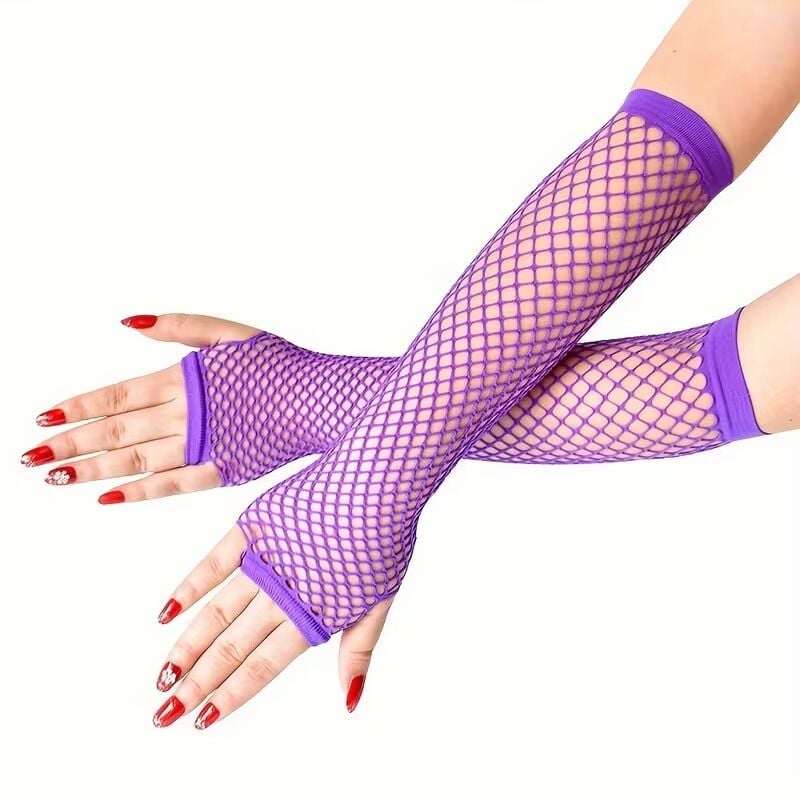Retro Mor File Parmaksız Eldiven 26 cm Neon Disco Parti Eldiveni Festival Sahne Aksesuarı Esnek Uzun Eldiven