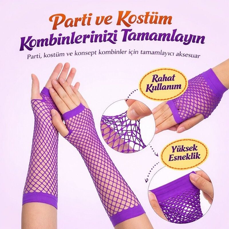 Retro Mor File Parmaksız Eldiven 26 cm Neon Disco Parti Eldiveni Festival Sahne Aksesuarı Esnek Uzun Eldiven