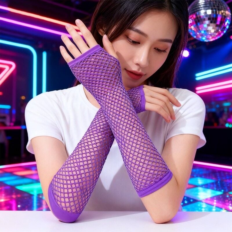 Retro Mor File Parmaksız Eldiven 26 cm Neon Disco Parti Eldiveni Festival Sahne Aksesuarı Esnek Uzun Eldiven