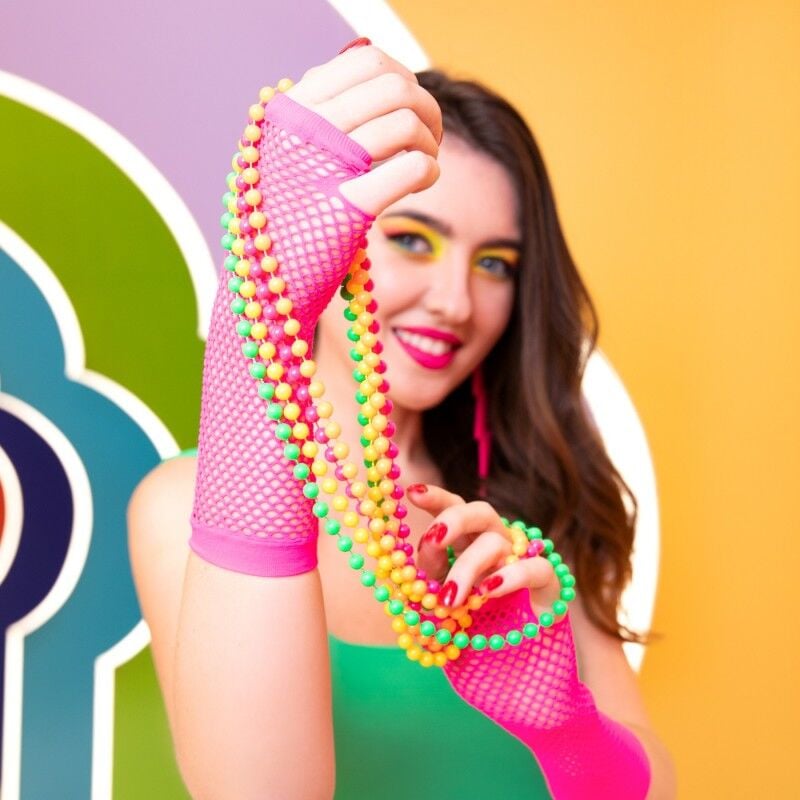 Retro Neon Fuşya File Parmaksız Eldiven 26 cm Disco Parti Eldiveni Festival Sahne Aksesuarı Esnek Uzun Eldiven