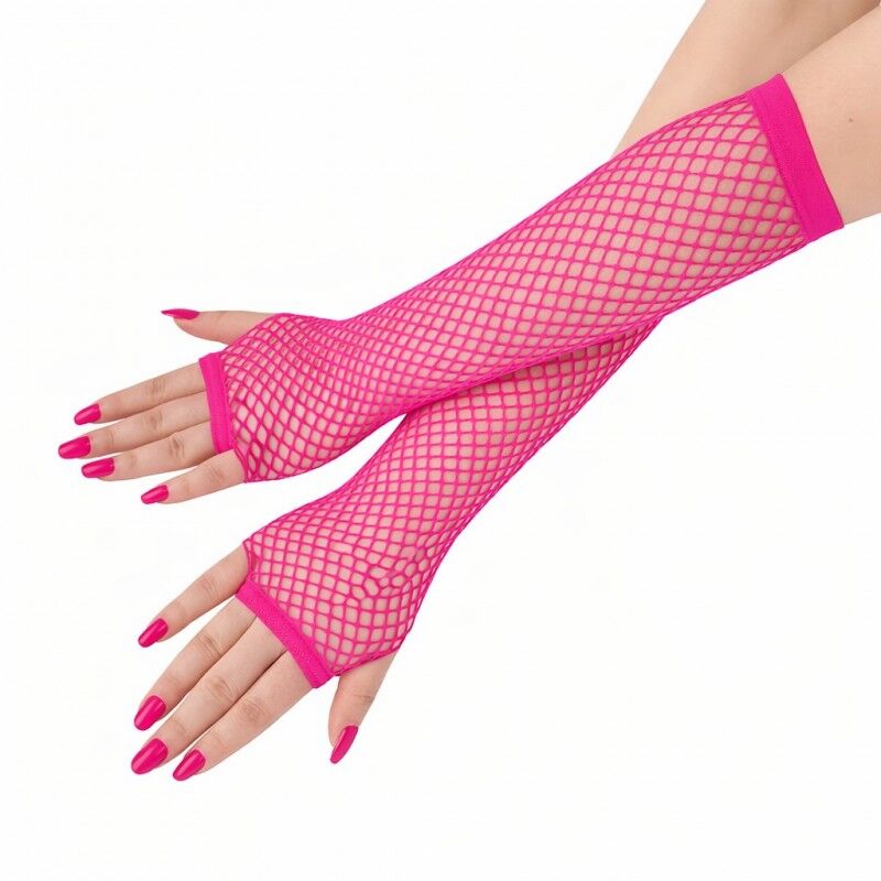 Retro Neon Fuşya File Parmaksız Eldiven 26 cm Disco Parti Eldiveni Festival Sahne Aksesuarı Esnek Uzun Eldiven