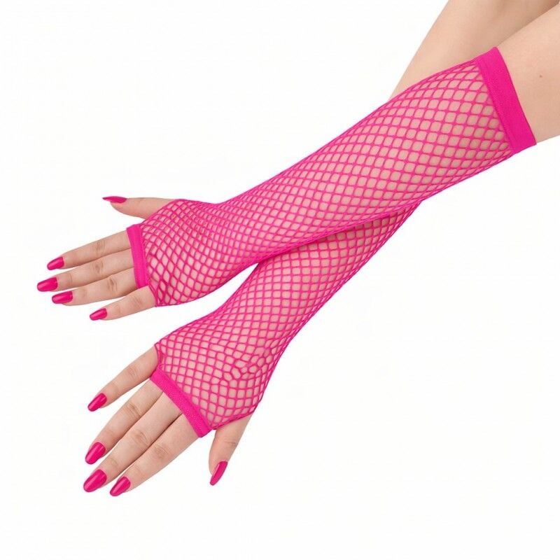 Retro Neon Fuşya File Parmaksız Eldiven 26 cm Disco Parti Eldiveni Festival Sahne Aksesuarı Esnek Uzun Eldiven