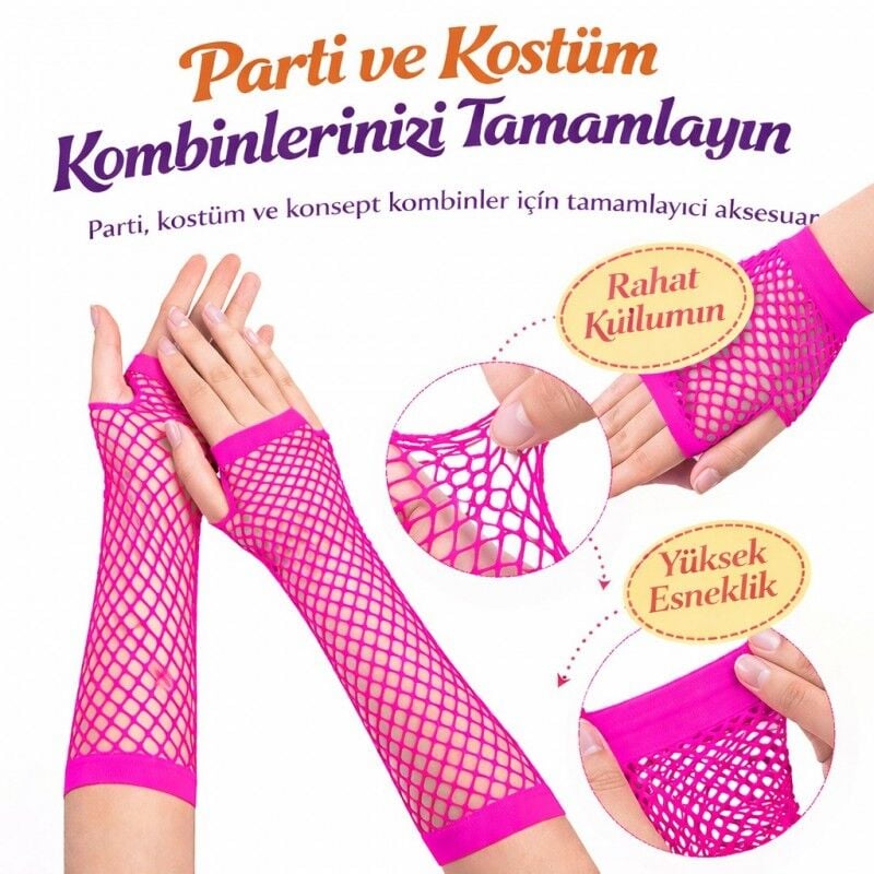 Retro Neon Fuşya File Parmaksız Eldiven 26 cm Disco Parti Eldiveni Festival Sahne Aksesuarı Esnek Uzun Eldiven