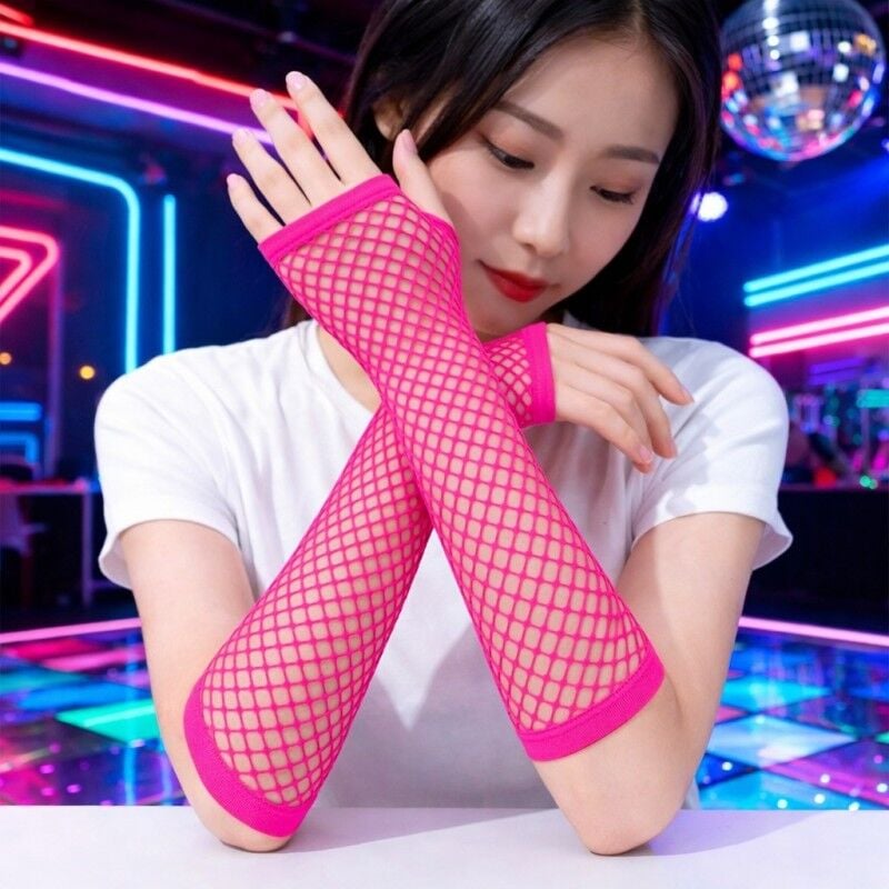 Retro Neon Fuşya File Parmaksız Eldiven 26 cm Disco Parti Eldiveni Festival Sahne Aksesuarı Esnek Uzun Eldiven