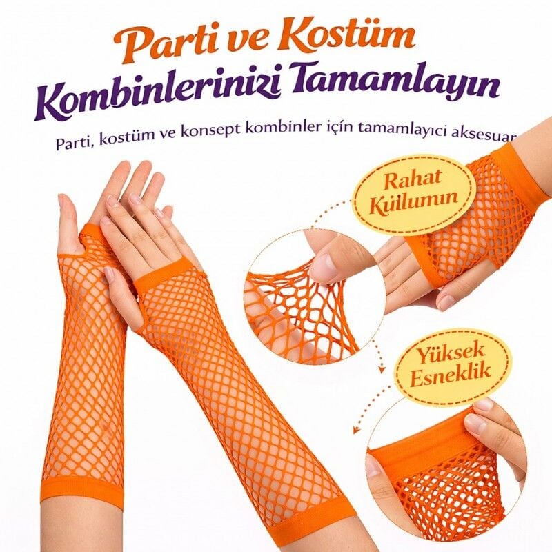 Retro Neon Turuncu File Parmaksız Eldiven 26 cm Disco Parti Eldiveni Festival Sahne Aksesuarı Esnek Uzun Eldiven