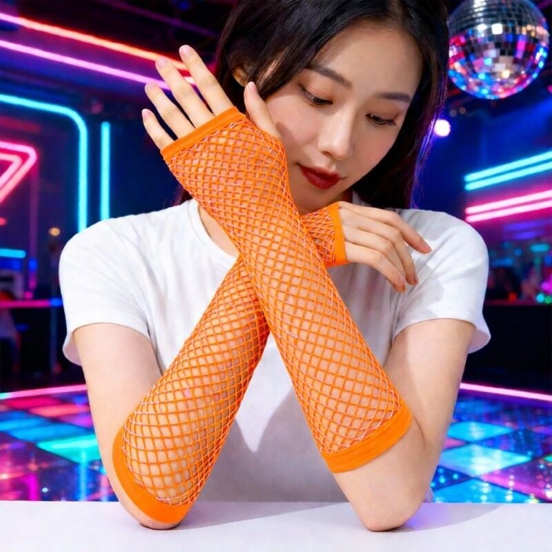 Retro Neon Turuncu File Parmaksız Eldiven 26 cm Disco Parti Eldiveni Festival Sahne Aksesuarı Esnek Uzun Eldiven