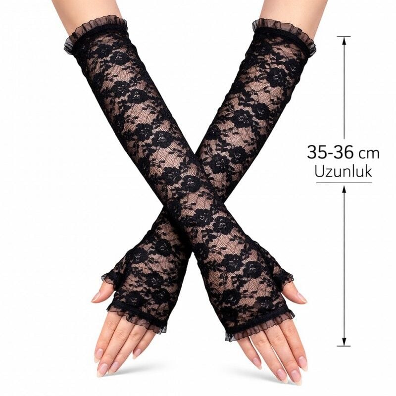 Siyah Uzun Dantel Eldiven Parmaksız Zarif Şık Eldiven 35-36 cm Düğün Nişan Balo Parti Aksesuarı