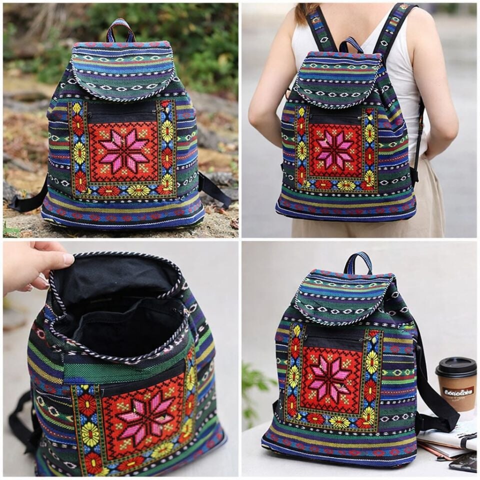 Kilim Desenli Sırt Çantası Etnik Desen Günlük Kullanım Geniş Hacimli Ayarlanabilir Askılı Şık Sırt Çantası 37x35 cm