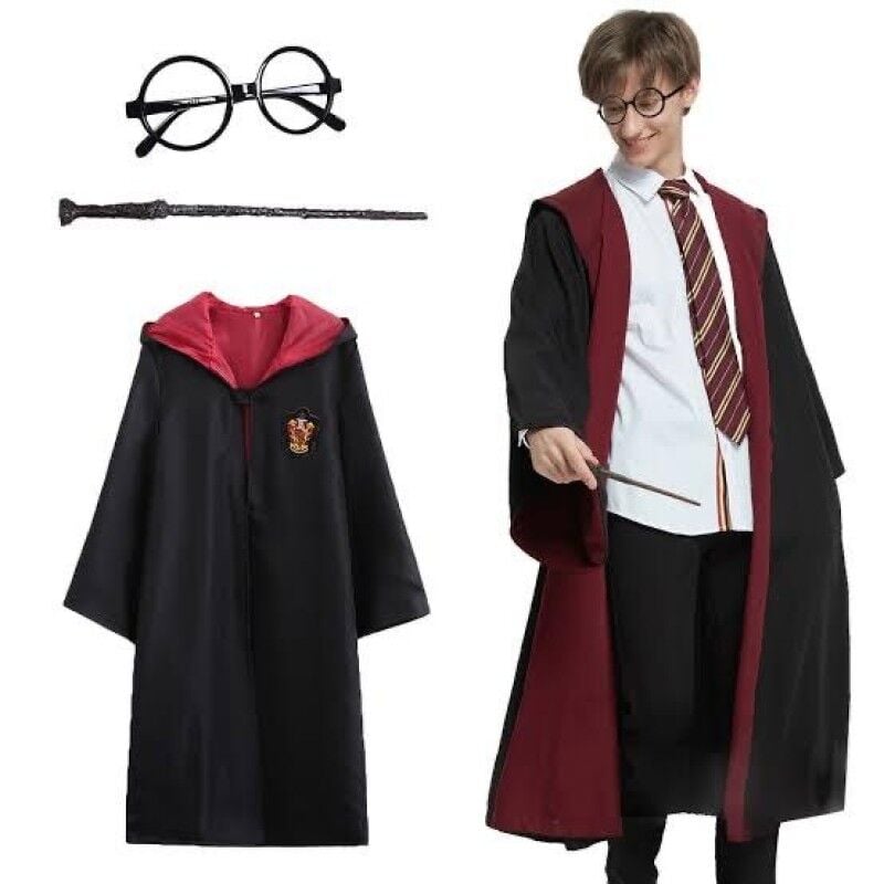 Harry Potter Çocuk Kostümü Gryffindor 9-10 Yaş Kapşonlu Cübbe Asa Gözlük Seti Büyücü Kostümü Parti Okul Etkinliği