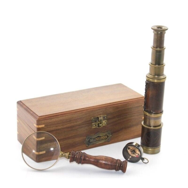 Ahşap Kutulu Pirinç Pusula Dürbün Büyüteç Seti Nostaljik Vintage Dekoratif Koleksiyonluk Hediye Seti Model 2