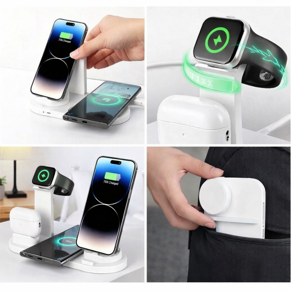 Çok İşlevli Şarj İstasyonu Beyaz 3'ü 1 Arada Kablosuz Şarj Telefon Saat Kulaklık Şarj Standı