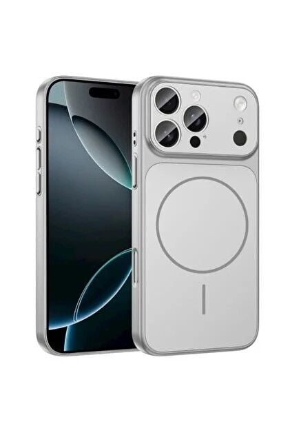 iPhone 17 Pro Max Kılıf Gümüş Gri – Mat AG Glass Anti-Glare Buzlu Cam, MagSafe Uyumlu, Darbe Emici Şeffaf Kenar
