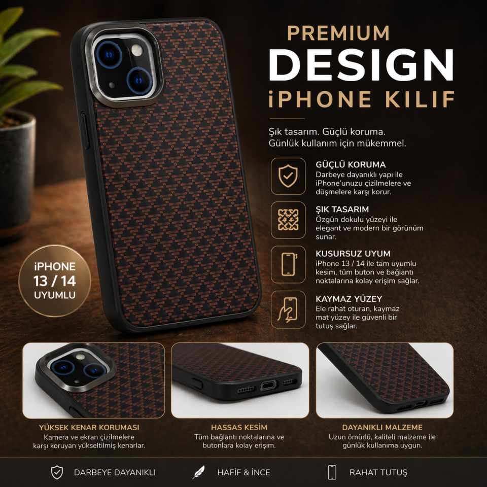iPhone 13 / 14 Uyumlu Karbon Fiber Desenli Telefon Kılıfı – Darbeye Dayanıklı, Kamera Korumalı, Kaymaz Mat Yüzey Premium Karbon Kılıf