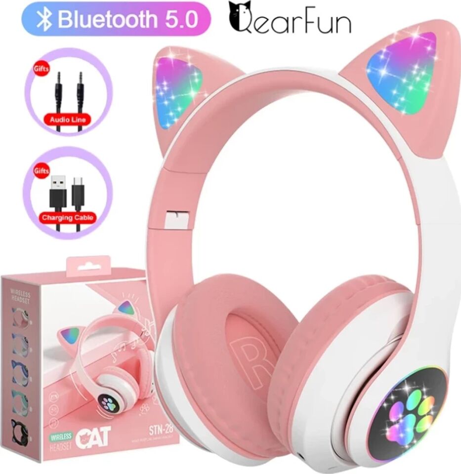 Pembe Kedi Figürlü Bluetooth Kulaklık – LED Işıklı Sevimli Tasarım, Kablosuz Özgürlük ve Güçlü Bas Performansı