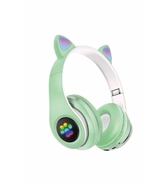 Yeşil Kedi Figürlü Bluetooth Kulaklık – LED Işıklı Tasarım, Kablosuz Konfor ve Güçlü Bas Performansı