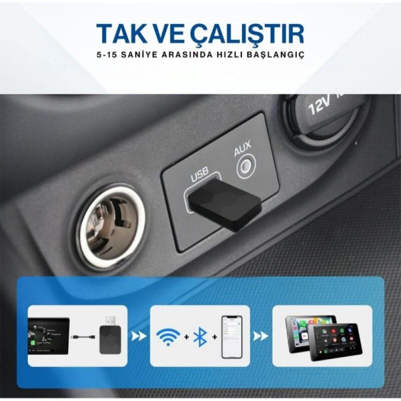 Android Car Play Adaptör 2 in 1 USB-C / USB-A Bluetooth 5.4 Wi-Fi 6 Destekli Kablosuz Apple Car Play ve Android Auto Dönüştürücü Araç Multimedya Adaptörü Tak Çalıştır 2 Yıl Garantili